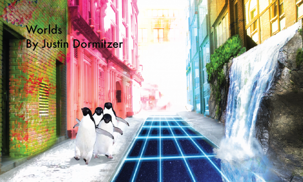 A showing of the city scape, waterfall, and Antarctica with penguins on one street by Juston Dormitzer (Worlds)